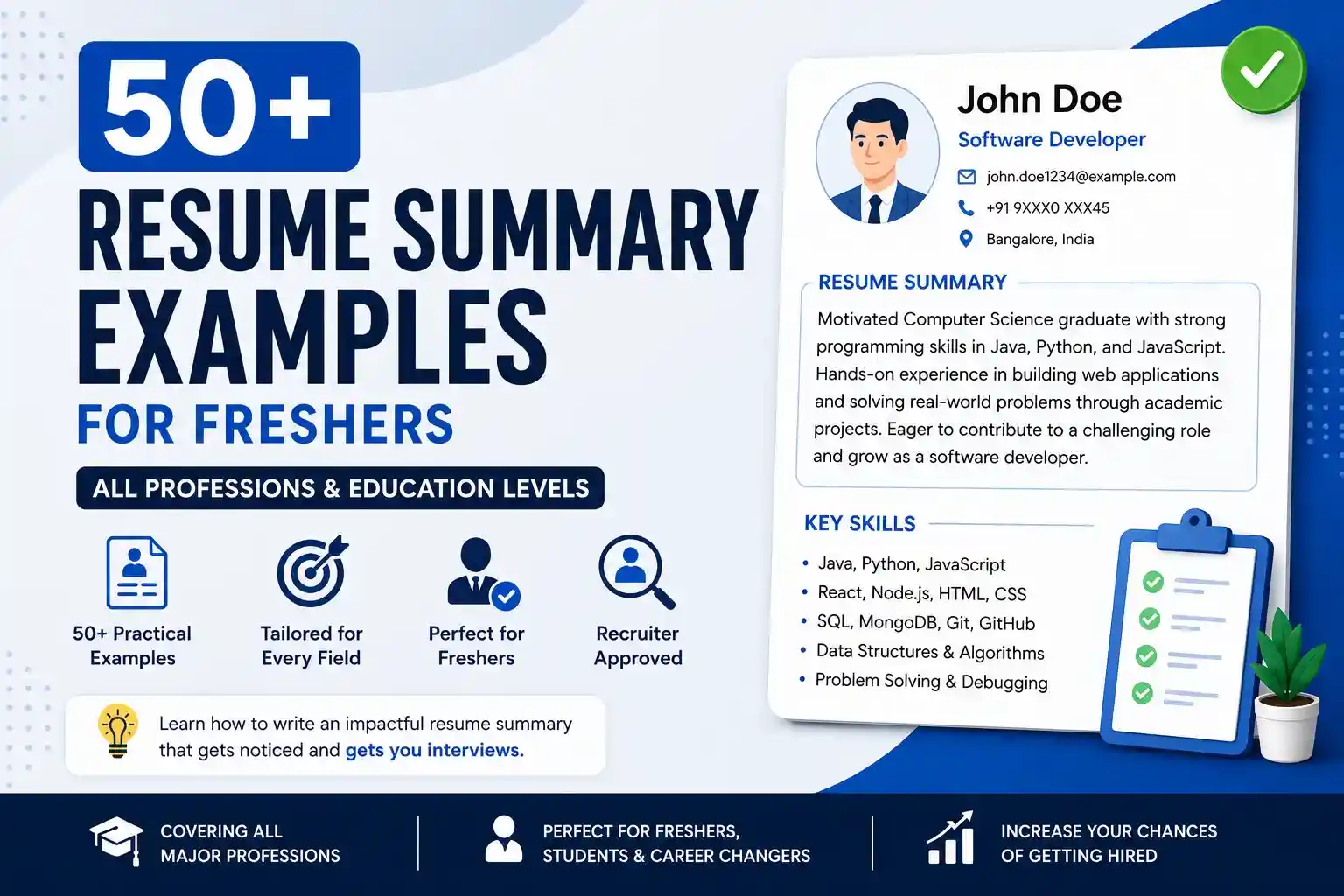 50+ Resume Summary Examples for Freshers (With Writing Guide)